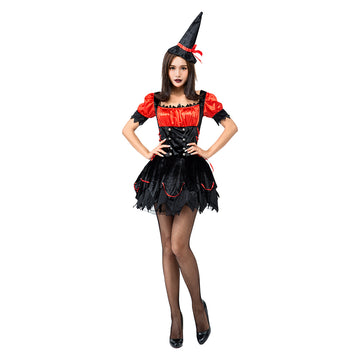 Halloween Disfraz de Bruja Cosplay Vestido Sexy de Color Negro y Rojo para Adultos Femenino